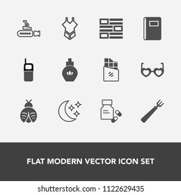 Modern, simple vector icon set with vitamin, fashion, lady, butterfly, star, fork, night, pharmacy, beauty, newspaper, notebook, bar, medicine, aroma, news, sky, style, ocean, communication, sea icons