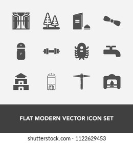 Modern, simple vector icon set with house, paper, fireplace, book, landscape, seasoning, warm, temple, light, culture, travel, crane, ufo, hotel, salt, monster, pagoda, fiction, curtain, room icons