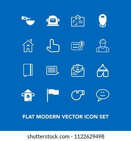 Modern, simple vector icon set on blue background with helmet, milk, glass, card, house, personal, travel, astronaut, wine, location, envelope, notebook, tent, chat, camp, architecture, message icons