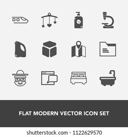 Modern, simple vector icon set with travel, location, website, biology, science, mobile, sign, map, web, happy, square, can, pin, road, bathroom, train, folder, newborn, internet, research, file icons