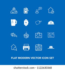 Modern, simple vector icon set on blue background with personal, cowboy, tool, inkstone, real, west, upload, hat, sheriff, estate, chat, card, home, house, machine, printer, technology, falling icons