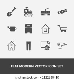 Modern, simple vector icon set with hand, travel, shovel, transport, can, plant, cart, architecture, bed, keyboard, achievement, sweet, frame, trousers, award, work, candy, food, drill, estate icons