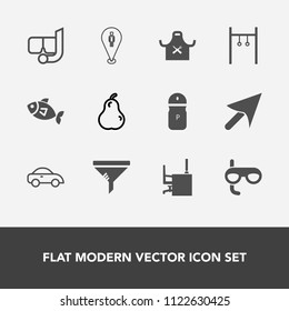 Modern, simple vector icon set with pin, fruit, vehicle, map, location, filter, mask, snorkeling, cursor, fish, exercise, fresh, office, food, summer, web, organic, scuba, pepper, water, car icons