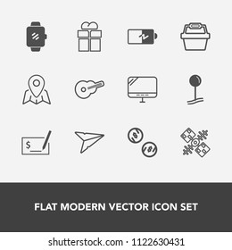 Modern, simple vector icon set with travel, map, gadget, sign, cash, musical, satellite, finance, music, smart, drop, computer, space, watch, money, pay, store, communication, message, present icons