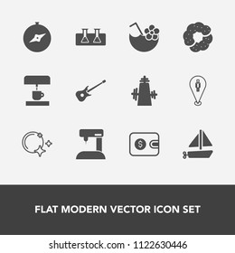 Modern, simple vector icon set with compass, summer, wallet, machine, travel, south, cake, drink, food, science, ship, star, kitchen, coffee, juice, musical, finance, east, boat, fashion, music icons