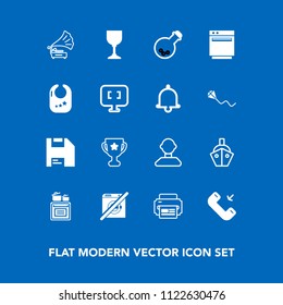 Modern, simple vector icon set on blue background with vessel, cooking, record, phone, wash, rattle, sign, modern, food, sea, gramophone, alcohol, achievement, button, computer, music, internet icons