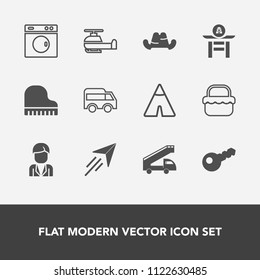 Modern, simple vector icon set with equipment, transportation, grass, left, cap, japanese, machine, adventure, music, fly, musical, outdoor, hat, taiko, direction, clothing, food, summer, male icons