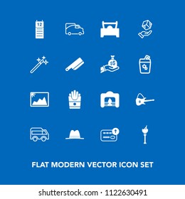 Modern, simple vector icon set on blue background with calendar, fast, reminder, christmas, picture, hat, vehicle, fireplace, money, potato, move, food, direction, french, guitar, music, fire icons