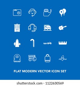 Modern, simple vector icon set on blue background with kettle, food, kitchen, vehicle, ocean, surfing, dumper, folder, steam, office, hot, blank, delivery, comb, object, shipping, birthday, dump icons