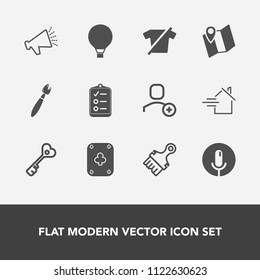 Modern, simple vector icon set with house, poker, check, location, , clothes, loud, web, loudspeaker, extreme, sound, parachuting, parachute, map, user, speaker, door, microphone, pin, property icons
