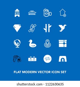 Modern, simple vector icon set on blue background with key, substitute, science, center, cycle, house, concept, location, christmas, camera, world, nature, replacement, video, present, boat, sky icons
