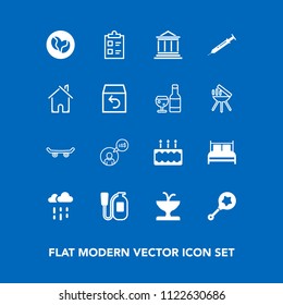 Modern, simple vector icon set on blue background with infant, food, pie, safety, emergency, bedroom, mark, caffeine, computer, cake, architecture, skate, tick, danger, fountain, dessert, check icons
