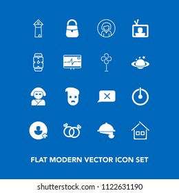 Modern, simple vector icon set on blue background with add, bag, restaurant, face, woman, lady, engagement, power, service, famous, geisha, house, button, waiter, asian, young, home, europe, off icons