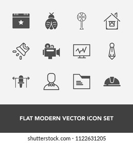 Modern, simple vector icon set with electric, camera, profile, medicine, diagnostic, blank, construction, cooler, business, medical, technology, hat, video, fan, suit, paper, sport, helmet, star icons