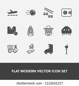 Modern, simple vector icon set with lamp, airport, male, ufo, lantern, happy, wine, soccer, house, dump, skating, home, bucket, vintage, property, estate, rent, travel, man, clothes, metal, ice icons