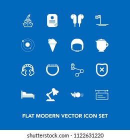 Modern, simple vector icon set on blue background with lamp, space, pin, poster, ocean, science, billboard, navigation, sport, safety, bedroom, headset, technology, map, gadget, mexico, location icons