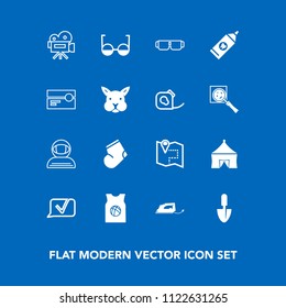 Modern, simple vector icon set on blue background with warm, cassette, brush, clean, movie, road, iron, location, health, music, electric, space, spacesuit, shovel, circus, pin, stereo, map, eye icons