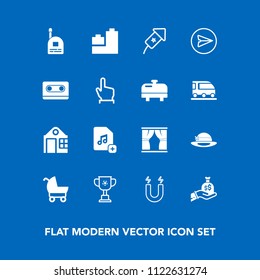Modern, simple vector icon set on blue background with event, money, bag, festival, pram, communication, science, magnetic, toy, file, field, real, add, holiday, hat, sack, curtain, celebration icons