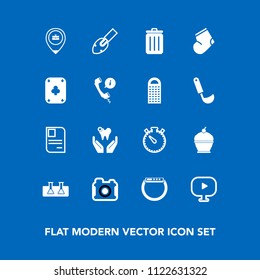 Modern, simple vector icon set on blue background with photography, dessert, clock, healthy, cake, food, test, dentist, white, garbage, socks, identity, camera, dental, photographer, pie, timer icons