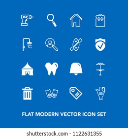 Modern, simple vector icon set on blue background with label, vase, table, circus, glass, work, hand, waste, zoom, sign, price, tent, flipper, healthy, recycle, summer, notification, white, tag icons