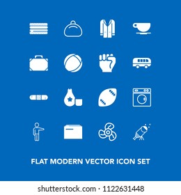 Modern, simple vector icon set on blue background with electric, ventilator, white, pointing, telescope, hand, leather, sandwich, ball, document, showing, machine, object, paper, fan, style, bag icons