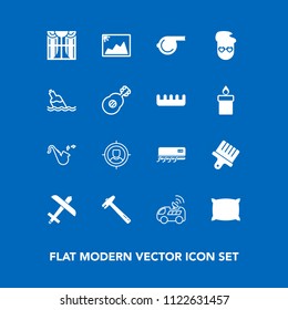 Modern, simple vector icon set on blue background with referee, trumpet, aircraft, frame, interior, musical, paint, conditioning, photo, jazz, satellite, drawing, pillow, technology, whistle icons