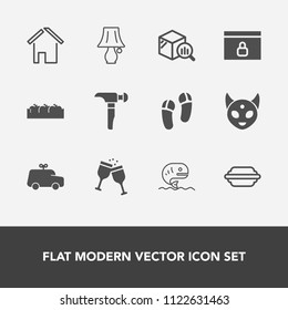Modern, simple vector icon set with toy, slipper, building, business, construction, table, wine, alcohol, home, hamburger, report, switch, seafood, saw, space, apple, car, child, trend, lettuce icons