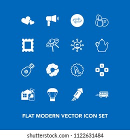 Modern, simple vector icon set on blue background with play, background, computer, elegance, festival, game, concept, cake, circle, cleaner, balloon, air, doughnut, white, frame, valentine, love icons