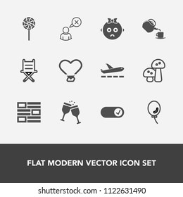 Modern, simple vector icon set with furniture, lolly, edible, white, airport, seat, profile, online, mushroom, , striped, tea, candy, armchair, love, wine, newspaper, dessert, sweet, cancel, sad icons