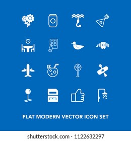 Modern, simple vector icon set on blue background with shower, floral, bath, music, cocktail, container, data, metal, ventilator, concept, travel, blossom, nature, spring, electric, glass, find icons