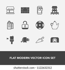 Modern, simple vector icon set with modern, shop, casino, construction, home, theater, kitchen, boat, public, equipment, poker, house, protection, houseboat, wc, lock, business, fire, christmas icons