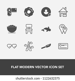 Modern, simple vector icon set with technology, finance, empty, dessert, paris, glasses, payment, interior, fish, room, photo, pin, photographer, sweet, map, fashion, sea, road, location, cake icons