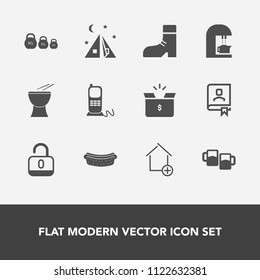 Modern, simple vector icon set with contact, food, cardboard, fashion, communication, pack, pub, outdoor, open, tent, music, business, box, property, weight, book, travel, adventure, protection icons