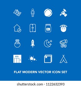 Modern, simple vector icon set on blue background with increase, house, male, lift, nature, industry, outdoor, adventure, gramophone, star, moon, equipment, foreman, map, tent, file, night, pin icons