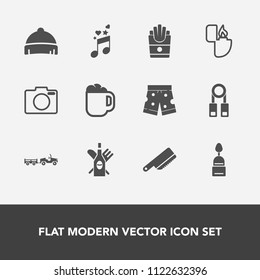 Modern, simple vector icon set with sweet, person, white, equipment, snack, technology, wine, clothing, shipping, hat, coffee, red, fork, template, french, photo, potato, drink, doughnut, knife icons