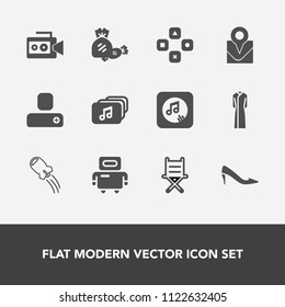 Modern, simple vector icon set with fun, lens, rocket, file, female, map, fashion, contact, video, futuristic, spaceship, equipment, space, location, person, chair, lollipop, music, professional icons