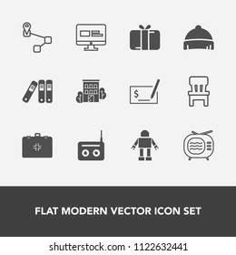 Modern, simple vector icon set with folder, box, point, website, pen, media, room, file, health, medical, machine, navigation, building, fashion, celebration, web, business, office, chair, style icons
