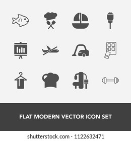 Modern, simple vector icon set with restaurant, sea, animal, fitness, workout, annual, city, fresh, white, hat, report, flight, housework, sport, travel, technology, food, mobile, domestic, boat icons
