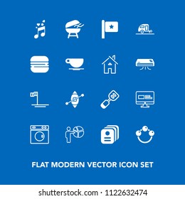 Modern, simple vector icon set on blue background with beach, blue, child, identity, infant, rattle, flag, machine, presentation, toy, baby, utensil, clean, ship, kitchen, business, travel, web icons