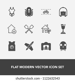 Modern, simple vector icon set with team, warm, basketball, woman, fireplace, craft, winner, sport, transportation, technology, bike, cycle, canoe, bikini, home, summer, award, water, spaceship icons