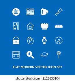 Modern, simple vector icon set on blue background with screen, brush, television, guitar, time, clothing, health, web, night, account, musical, sky, orbit, bag, online, space, internet, female icons