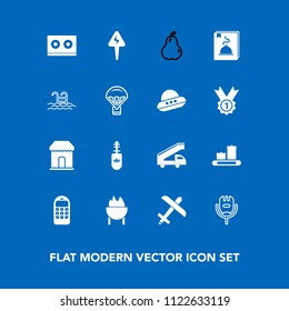 Modern, simple vector icon set on blue background with fashion, mobile, mascara, plane, transportation, fruit, transport, grill, brush, summer, old, phone, shop, flight, energy, black, meat, bag icons