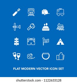 Modern, simple vector icon set on blue background with watch, america, gym, search, kitchen, train, fitness, travel, time, white, electrical, tape, friction, red, template, national, nation, pan icons