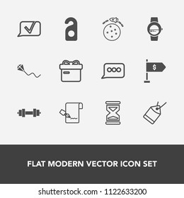 Modern, simple vector icon set with hotel, smart, sky, label, planet, holiday, list, sale, fun, kite, motel, finance, document, tag, equipment, privacy, gift, joy, time, present, rocket, timer icons