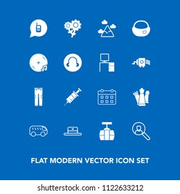 Modern, simple vector icon set on blue background with clothing, cable, dentistry, computer, nature, direction, hat, floral, chess, medical, game, online, time, mountain, fashion, train, clinic icons