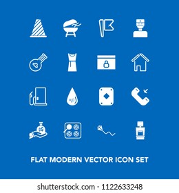 Modern, simple vector icon set on blue background with sky, sack, cooking, machine, scan, meat, bag, bbq, barbecue, traffic, gas, summer, nation, joy, fun, cook, fuel, petrol, call, drop, button icons