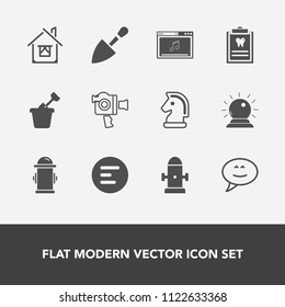 Modern, simple vector icon set with shovel, patient, summer, property, music, architecture, bubble, chessboard, online, dentistry, sandbox, sand, magic, estate, horse, menu, game, chat, button icons