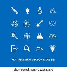 Modern, simple vector icon set on blue background with doughnut, food, air, house, ice, medicine, door, window, search, tool, flower, laboratory, decoration, chart, sea, bouquet, equipment, find icons