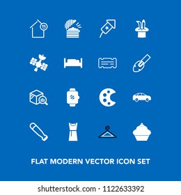 Modern, simple vector icon set on blue background with female, coffee, move, shop, business, art, owner, finance, smart, dress, report, restaurant, holiday, watch, festival, dessert, cake, bus icons
