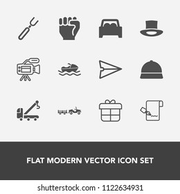 Modern, simple vector icon set with communication, kitchen, people, web, concept, present, tow, car, boat, email, list, holiday, microphone, document, dinner, video, camera, restaurant, internet icons